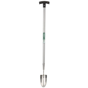 Image of the Draper Stainless Steel Long T Handled Hand Trowel - 6107/I, featuring a narrow, pointed spade at the end and a tubular steel handle with a T-shaped grip, designed for digging and planting.