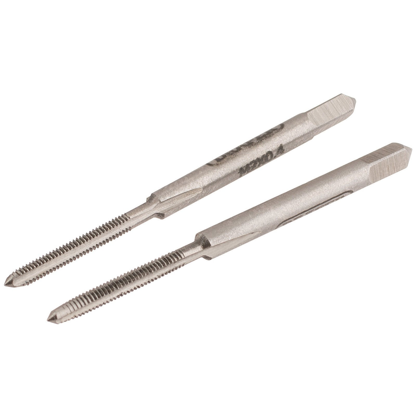 Two Draper Coarse Hand Taps Taper and Plug, 2mm - SKC1B, with straight flutes and square shanks, made of high carbon steel, placed parallel to each other on a white background.