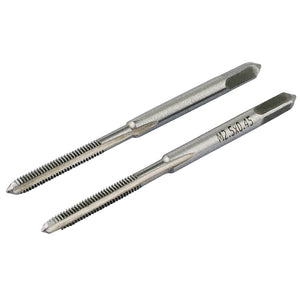 The product named Draper Coarse Hand Taps Taper And Plug, 2.5mm - SKC1B, from the brand Draper, consists of two high carbon steel machine taps with threading along the shafts designed for accurately cutting internal threads. One tap is labeled "M2.5 x 0.45" and includes both taper and plug designs for versatile threading applications.