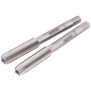 Two Draper Coarse Hand Taps Taper and Plug, 8mm - SKC1B, featuring high carbon steel construction with threaded cutting edges and size and brand markings, are arranged parallelly on a white background and designed to produce accurately cut threads.