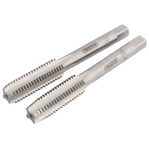 The Draper Coarse Hand Taps Taper and Plug, 10mm (SKC1B), are two silver metal threading taps crafted from high carbon steel, featuring "Draper" and "M10x1.5" engravings. They are designed for accurately cutting threads in metal and the set includes both a taper and a plug tap for various threading tasks.