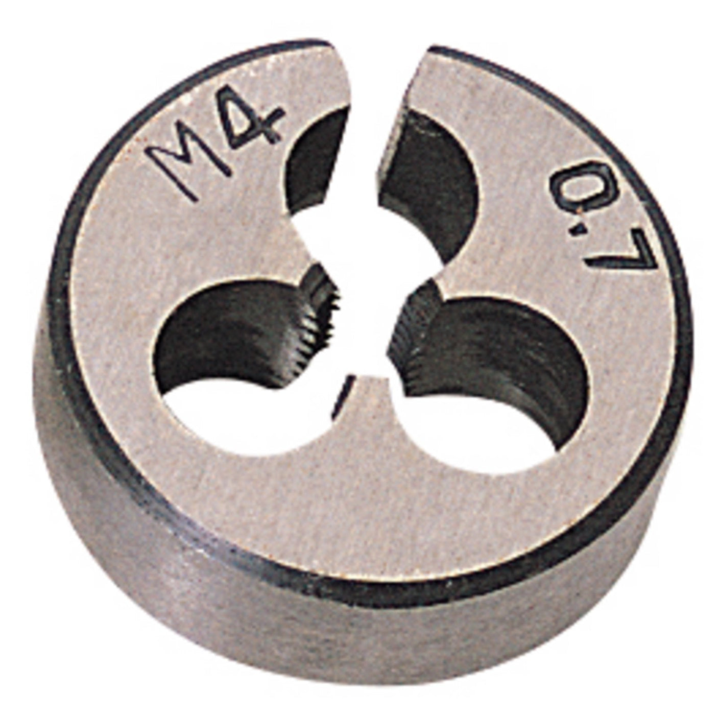 A Draper Coarse Circular Die, SKC2B, with a 13/16" outside diameter and 4mm marking, features a tri-hole design and is made from high carbon steel for cutting or forming coarse threads on cylindrical workpieces.