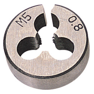 The Draper Coarse Circular Die, 13/16" Outside Diameter 5mm - SKC2B, is a round metal tool made from high carbon steel with a split and three holes, marked with "M5" and "0.8" for coarse threading.