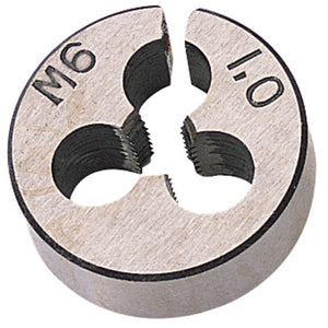 The Draper Coarse Circular Die, 1" Outside Diameter, 6mm - SKC2B is a large high carbon steel circular die marked with "M6" and "1.0," featuring three holes and an adjustable opening for threading. It comes display packed for convenience.