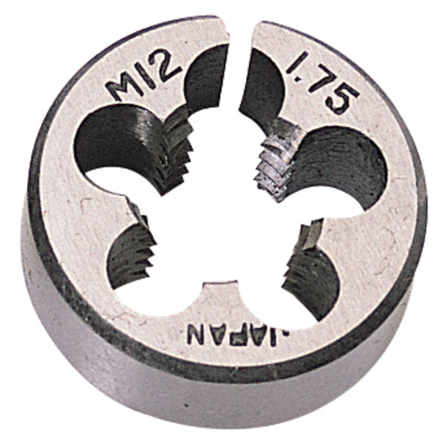 A Draper Coarse Circular Die with a 1" outside diameter and labeled "M12 1.75," featuring four cutting slots, made from high carbon steel and etched with the word "JAPAN" at the bottom.