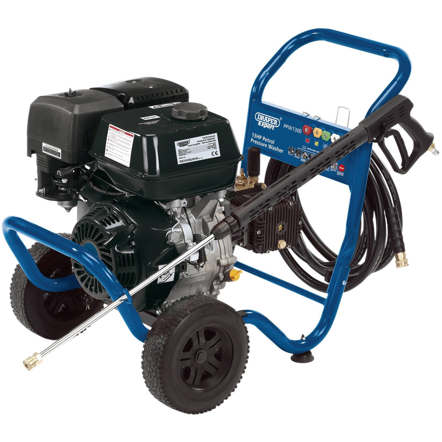 Image of the Draper Expert Petrol Pressure Washer, 13Hp - PPW1300 with a blue frame and large wheels. It has a black engine, connected hoses, a control panel, and a high-pressure trigger gun attached to the frame.