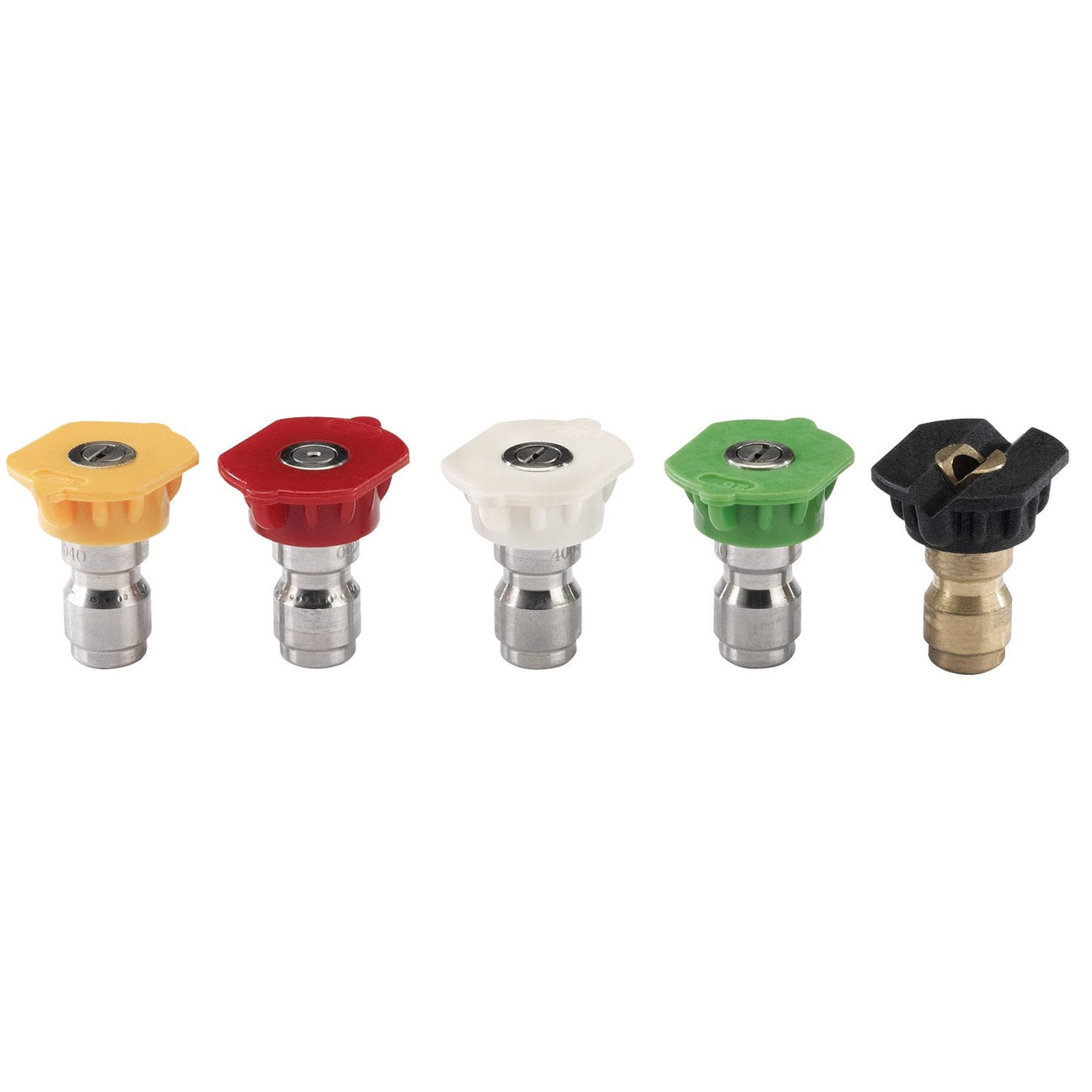 The Draper Nozzle Set For Petrol Pressure Washer Ppw540 (5 Piece) - APPW21, compatible with Draper Petrol Pressure Washers Stock No. 83818 and Stock No. 83819, features five color-coded nozzles arranged in a row from left to right: yellow, red, white, green, and black.