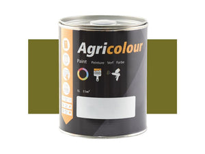 A 1-liter Sparex Paint tin labeled "Agricolour," in a glossy green finish, set against an olive green backdrop. The paint can displays icons for usage and coverage details, making it ideal for metal surfaces. The product's part number is S.83829.