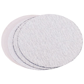 A stack of Draper Assorted Aluminium Oxide Sanding Discs (150mm, Pack Of 5) placed on a white background, perfect for surface preparation in metal fabrication tasks.
