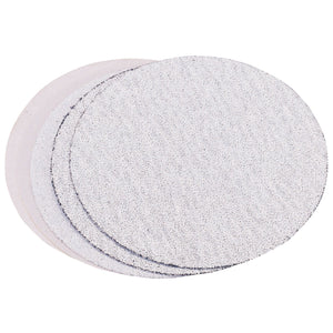 A stack of Draper Assorted Aluminium Oxide Sanding Discs (150mm, Pack Of 5) placed on a white background, perfect for surface preparation in metal fabrication tasks.