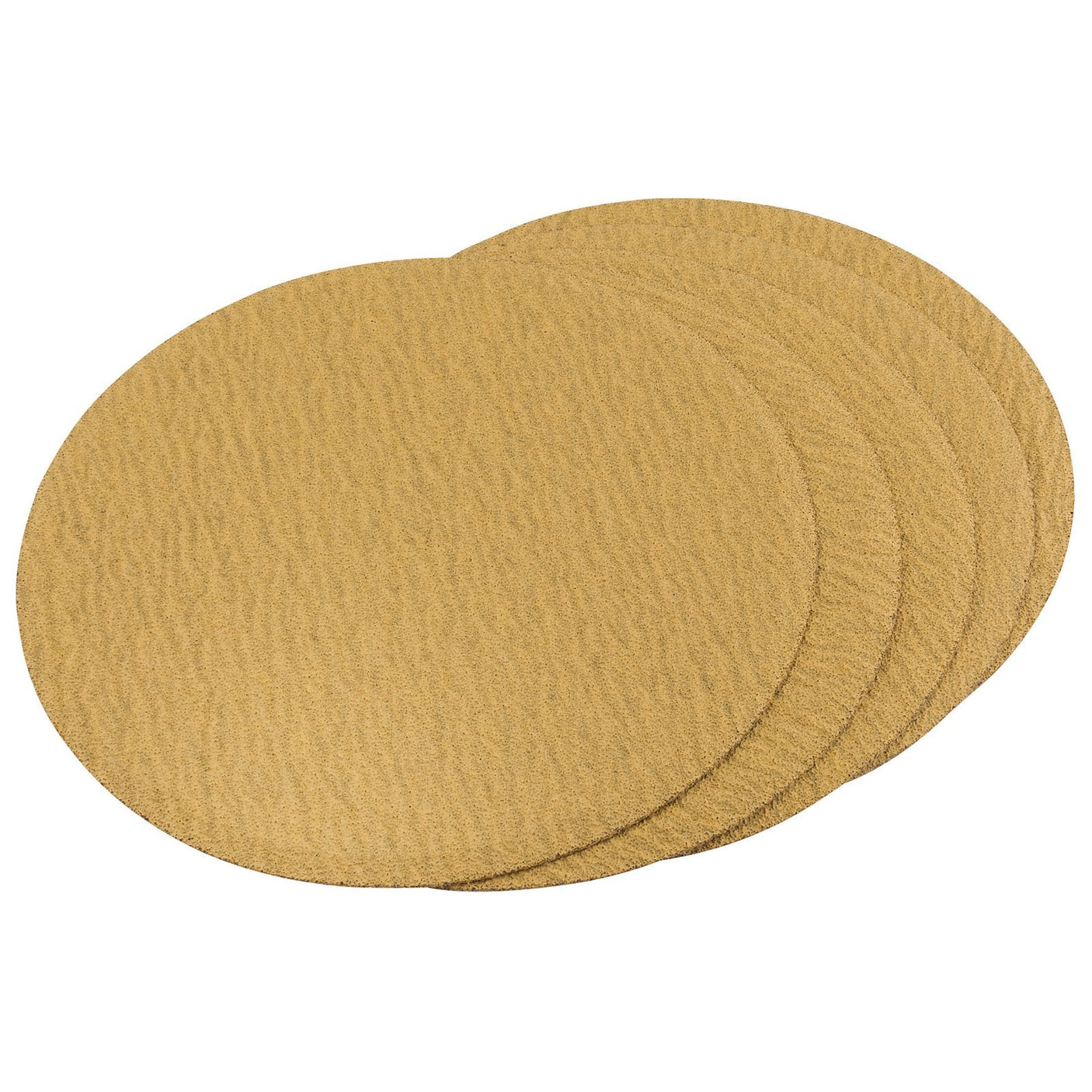 Four Draper White Aluminium Oxide Sanding Discs, 150mm, 80 Grit (Pack Of 5) - SD6AC, stacked next to each other on a white background, ideal for surface preparation in metal fabrication tasks.