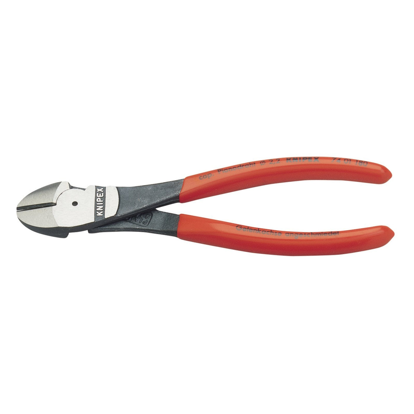 The Draper Knipex 74 01 180 Sbe High Leverage Diagonal Side Cutter, crafted from chrome vanadium electric steel with induction-hardened black metal blades and red handles labeled "KNIPEX".