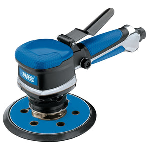 The Draper Dual Action Sander, 150mm - DAT-DAS, is a blue and black handheld compact tool with a round sanding pad and the Draper logo on the front, designed for swirl-free finishes.