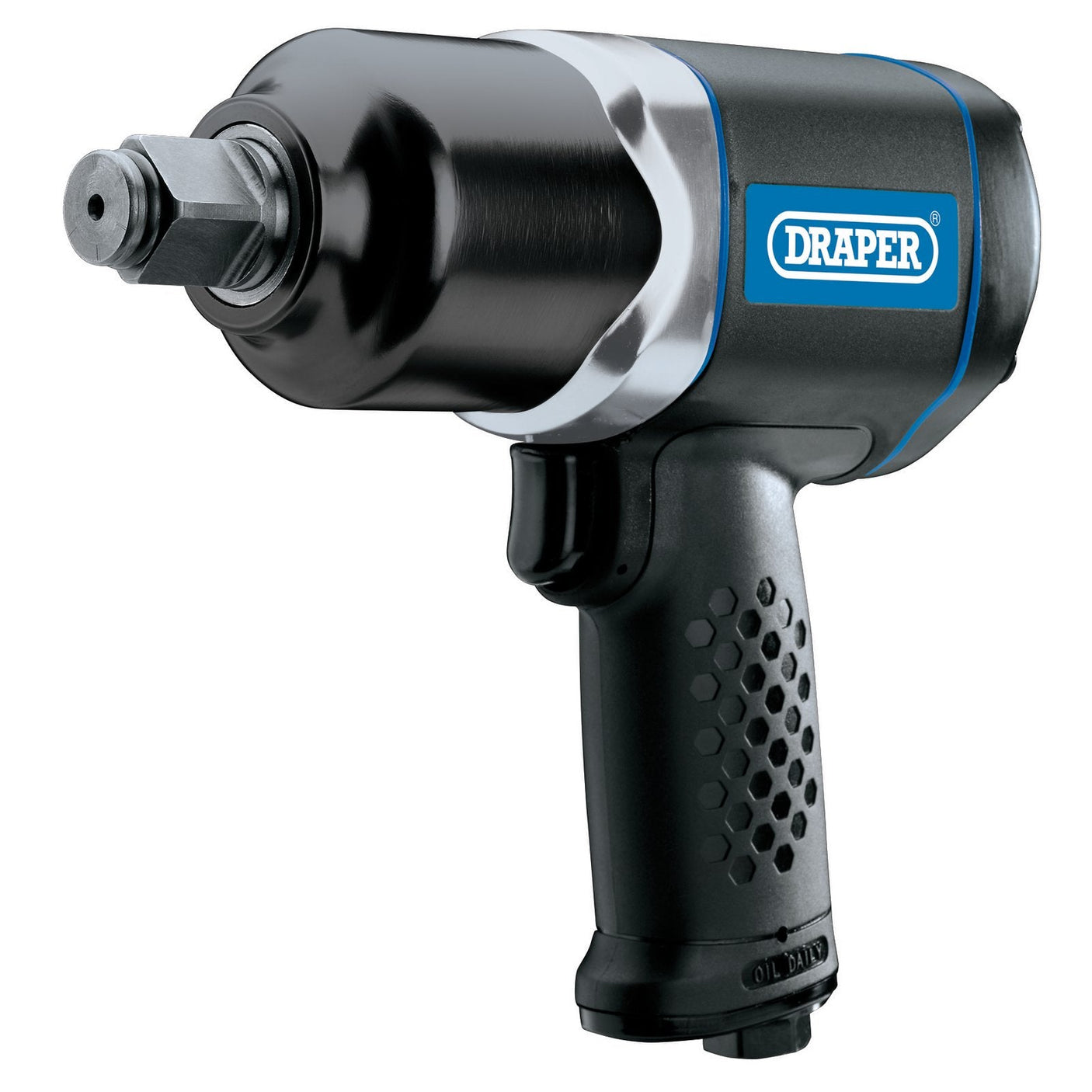 A Draper Air Impact Wrench, 3/4" Sq. Dr. - DAT-AIW34, featuring a black construction with a textured, ergonomic soft grip handle and a silver trigger, typically used for loosening or tightening heavy-duty fasteners.