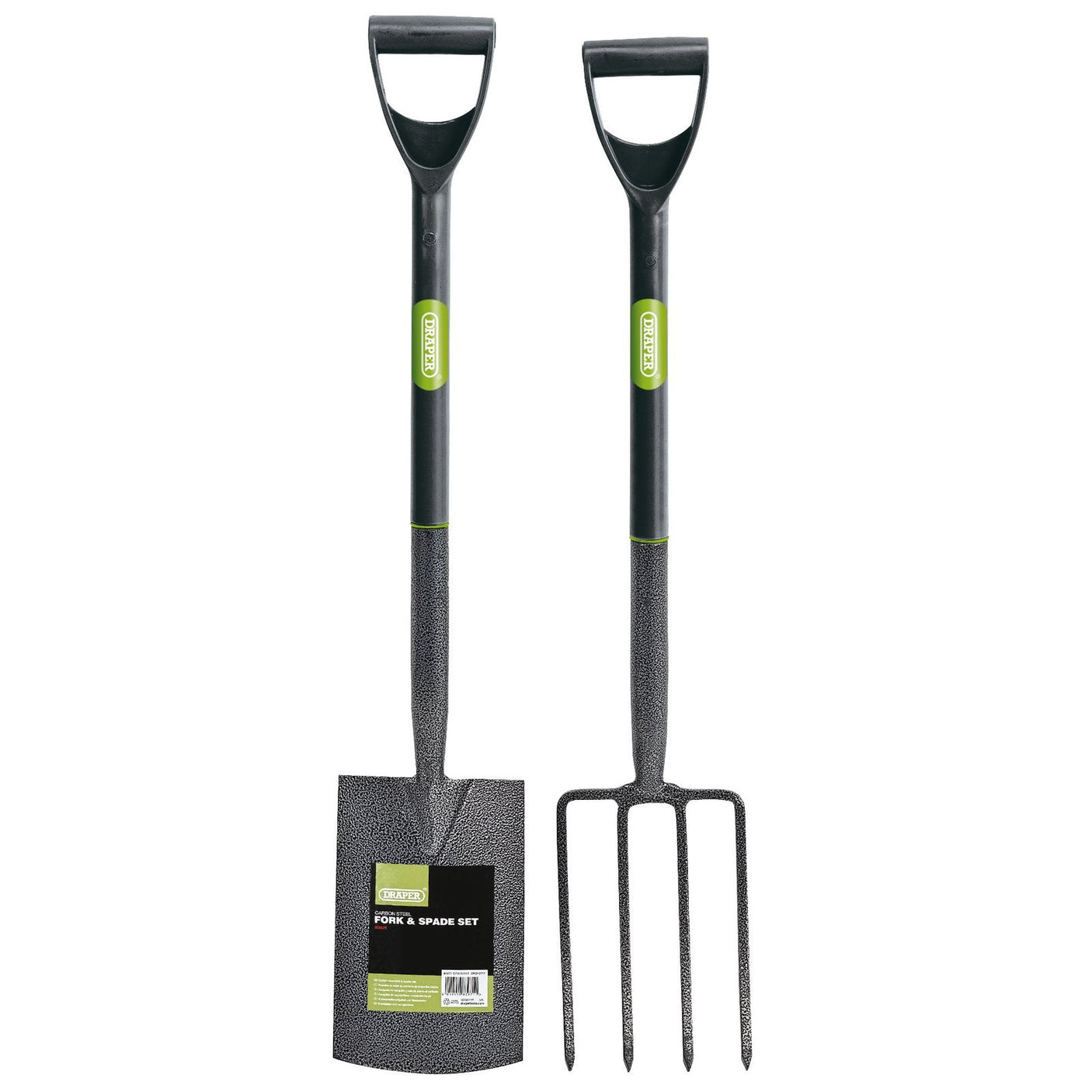 Introducing the Draper Carbon Steel Garden Fork And Spade Set, Black - DFSCB/SET. These tools feature robust black handles and green labels. The spade, made from durable carbon steel, includes a barcode and product information on its blade. Both the garden fork and spade are designed with comfortable "Y-dee" handles for easy use.