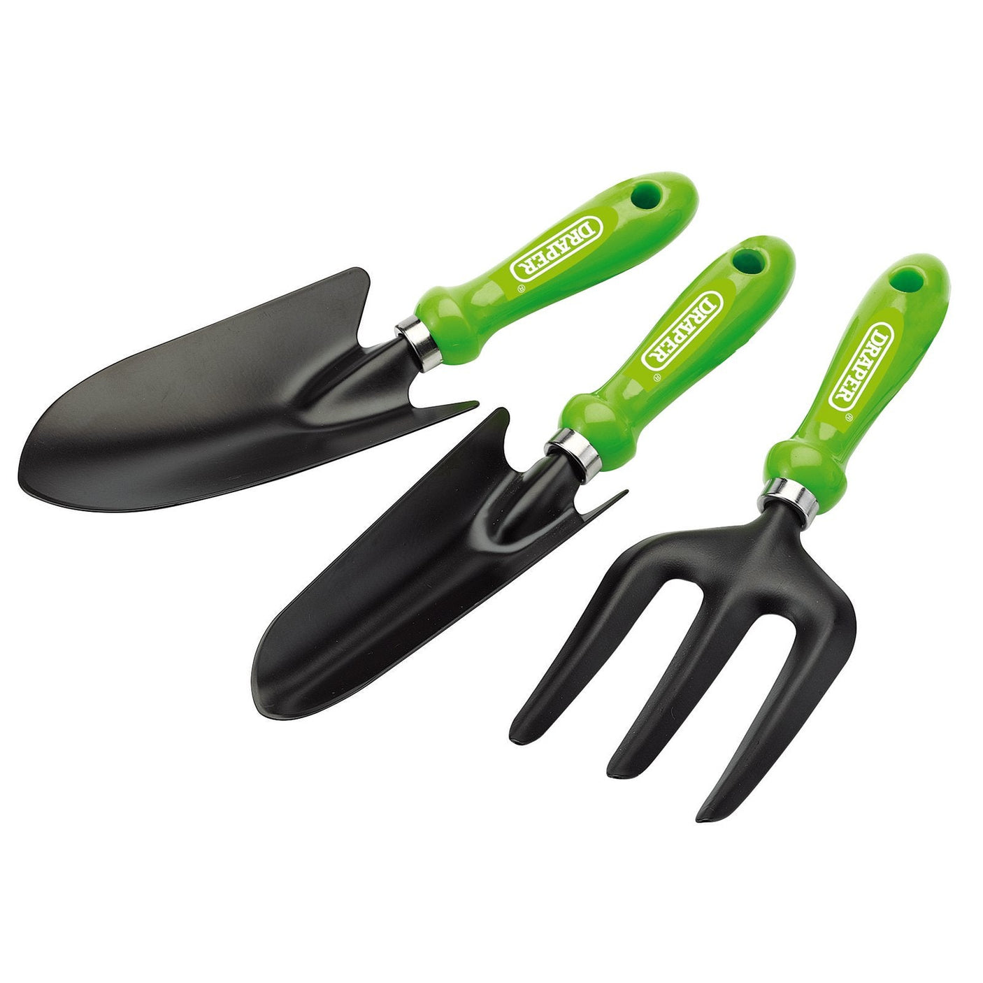 The Draper Carbon Steel Hand Tool Set (3 Piece) - EF/GFT3, featuring three green-handled garden tools including a transplanting trowel, hand trowel, and hand rake, is displayed against a white background.