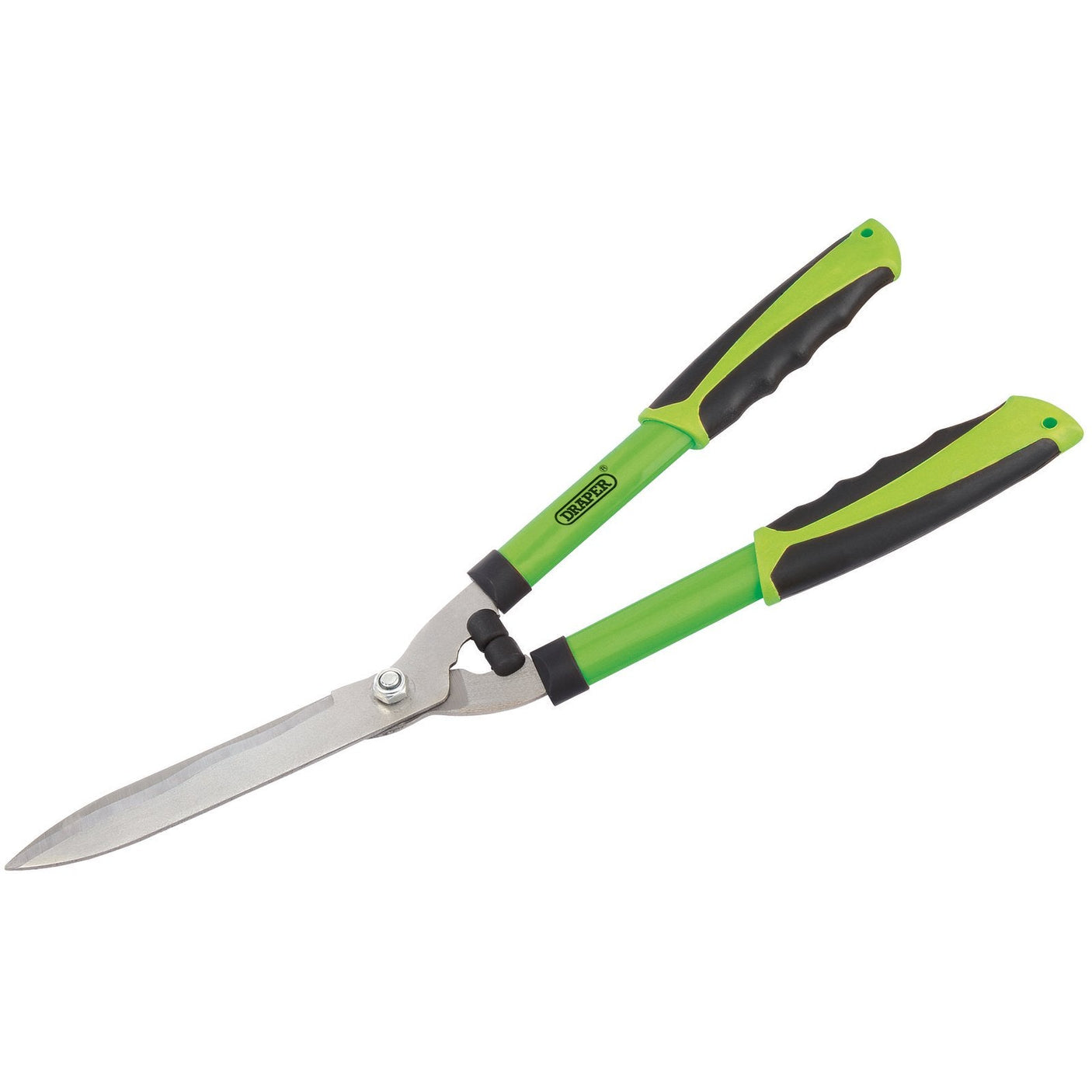 A pair of Draper Garden Shears, 190mm - GHSY, featuring carbon steel blades and soft grip handles in green and black for comfortable use.