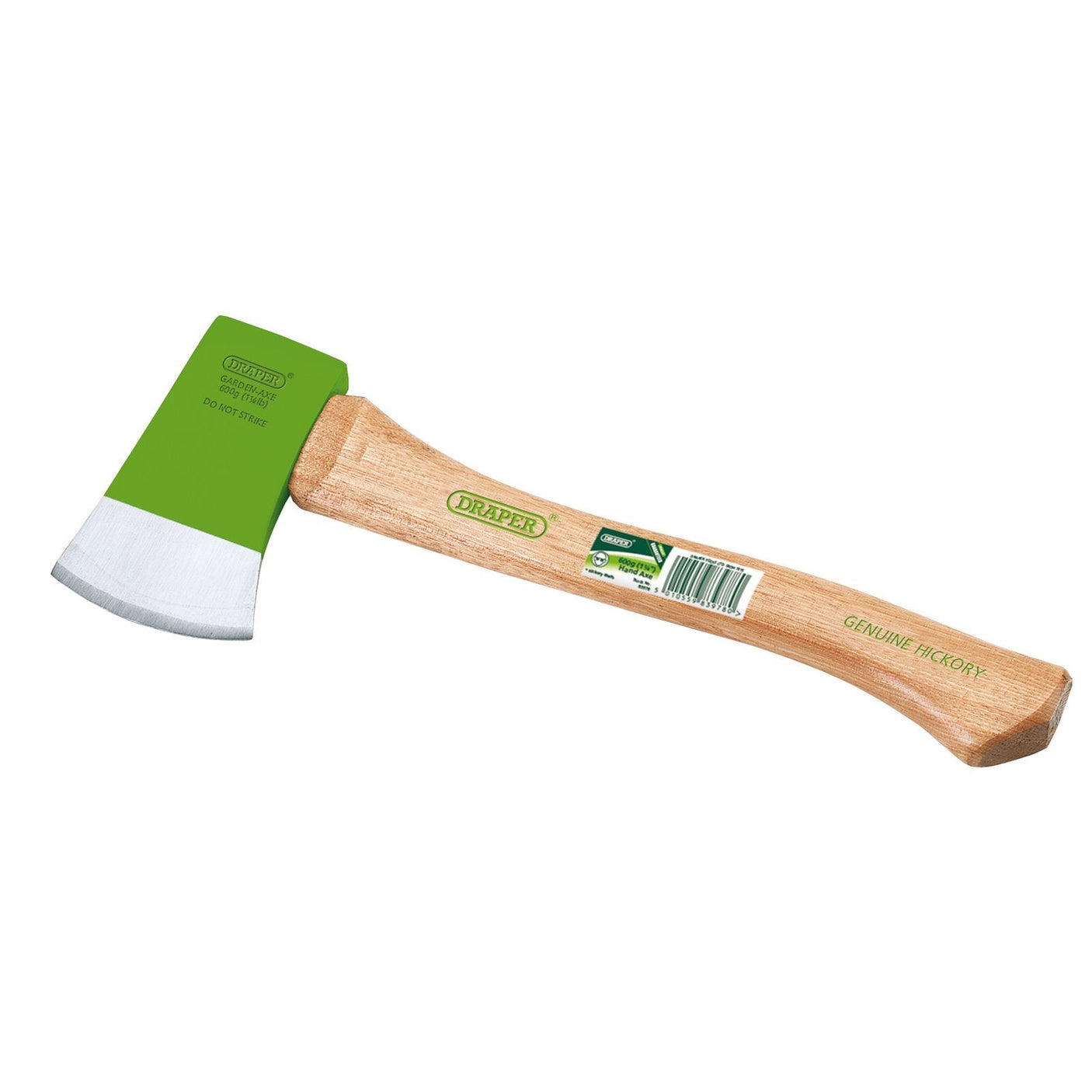 A Draper Hand Axe, 600G - GAXE with a green and silver finish, featuring a steel head, hickory shaft, barcode, additional labels, and conforming to BS2945 standards.