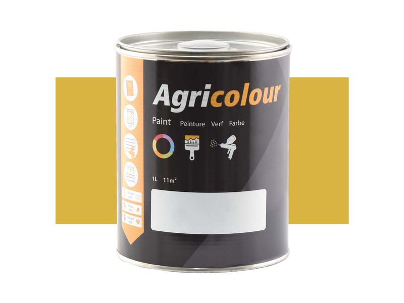 The 1-liter tin of Agricolour Harvest Gold Gloss paint is shown. The label displays icons for paint application, coverage, and usage instructions. The backdrop includes a solid yellow rectangle, hinting at the rich Harvest Gold tone that promises a durable gloss finish on any surface. This product is branded by Sparex and has the part number S.83979.