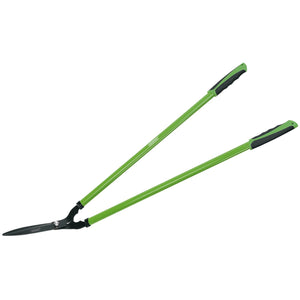 Draper Grass Shears with Steel Handles, 100mm - GSLHDD, featuring green handles with soft black grips, long tubular steel handles, and sharp, pointed non-stick coated blades.