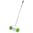 Image of the Draper Rolling Lawn Aerator Spiked Drum, 450mm - GLAWDD, featuring a long handle, spiked roller, and green wheels for improved soil drainage. The durable design includes a galvanized steel drum.