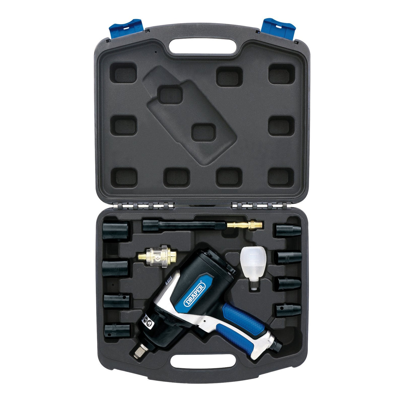 A black carrying case containing the Draper Air Impact Wrench Kit, 1/2" Sq. Dr. (14 Piece), which includes a blue and black pneumatic Twin hammer air impact wrench with multiple attachments, an ergonomic soft grip handle, and a three-speed reversible motor.