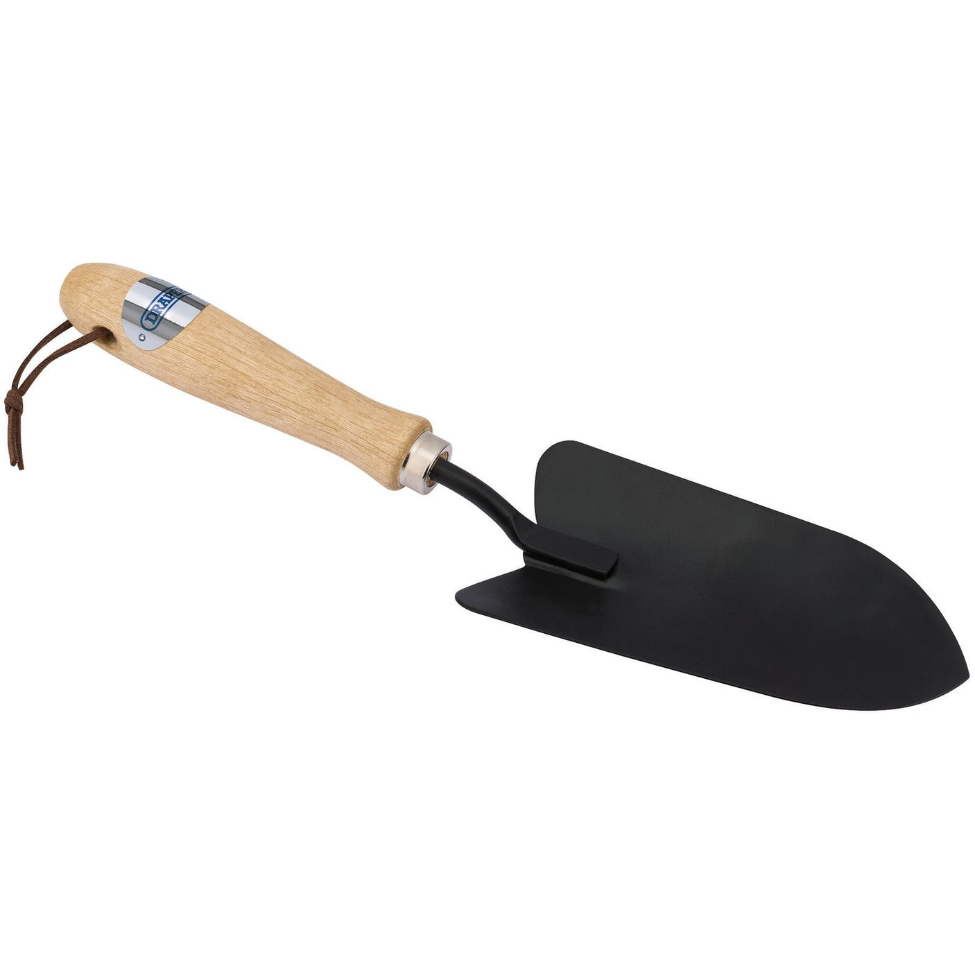 The Draper Carbon Steel Hand Trowel with Hardwood Handle (GCSHTDD) features a hardwood handle and a black carbon steel blade.