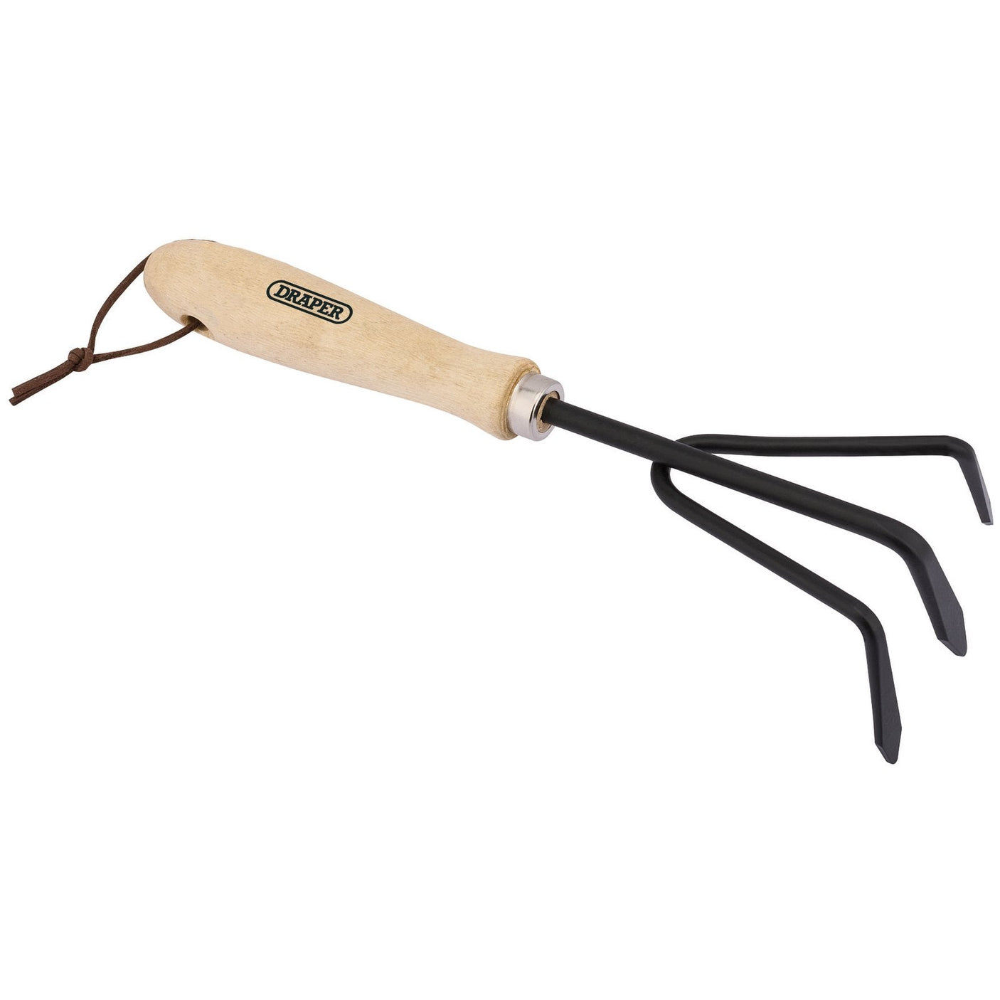 Introducing the Draper Carbon Steel Hand Cultivator With Hardwood Handle - GCSHCDD, a hand-held garden cultivator featuring a sturdy hardwood handle, durable black carbon steel tines, and a convenient leather wrist strap.