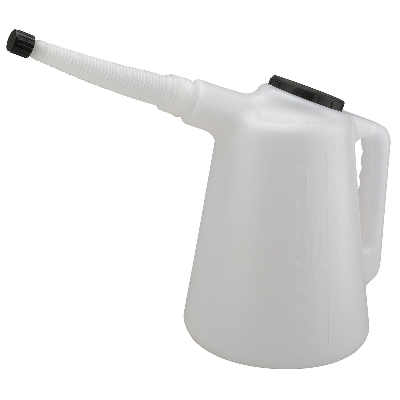 The Draper Measuring Jug, OMJ-8 model, is an 8-liter HDPE oil measure jug that is chemical-resistant and white in color. It features a black cap, a flexible spout, a side handle, and volume markings.