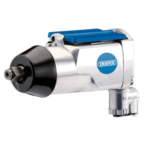 The Draper Butterfly Type Air Impact Wrench, 3/8" Sq. Dr. - DAT-BAIW is a compact-sized tool in silver and black, with a blue handle and the Draper logo printed on the side, featuring a reliable single hammer mechanism.