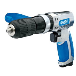 Close-up image of a blue and silver Draper Reversible Keyless Air Drill, 13mm - DAT-RAD13, with a side handle, Draper branding on the tool's body, and a quick-change keyless chuck.