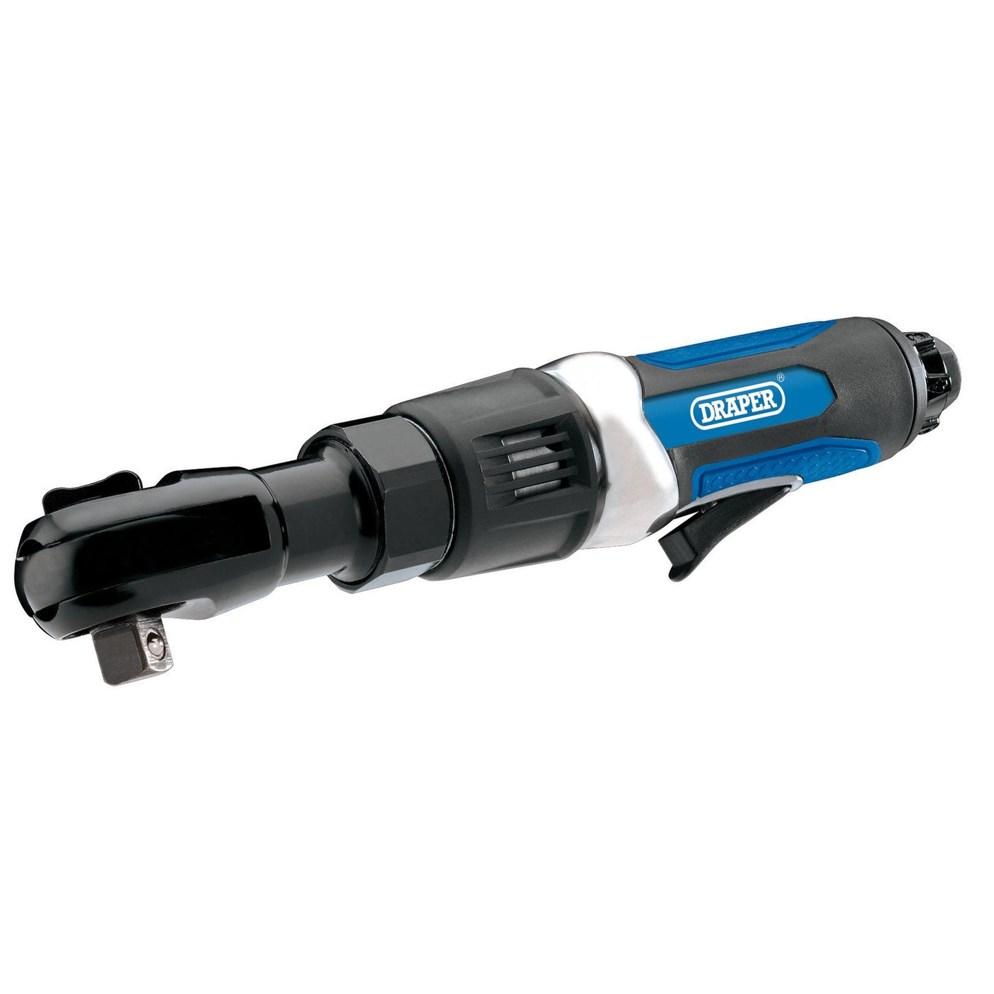 An image of the Draper Air Ratchet, 1/2" Sq. Dr. - DAT-AR12, featuring a blue and black design with an ergonomic soft grip handle, a trigger for easy operation, and a square drive for socket attachment—ideal for auto body repair.