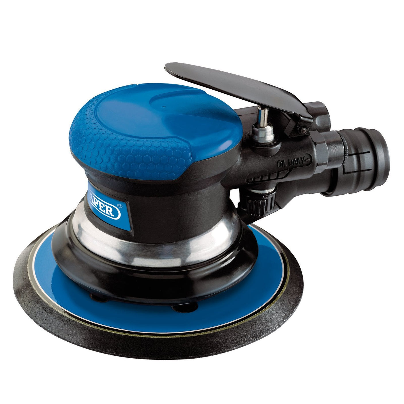 A Draper Dual Action Air Sander (150mm - DAT-APS) with a blue and black circular base, featuring a textured blue grip, lightweight aluminum housing, and an adjustable lever on top.