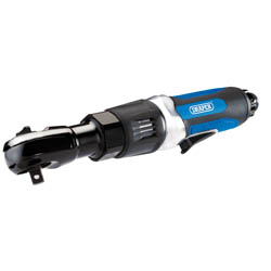 The Draper Air Ratchet, 3/8" Sq. Dr. - DAT-AR38 is a compact pneumatic wrench with an ergonomic soft grip handle in blue and black, making it perfect for auto body repair.