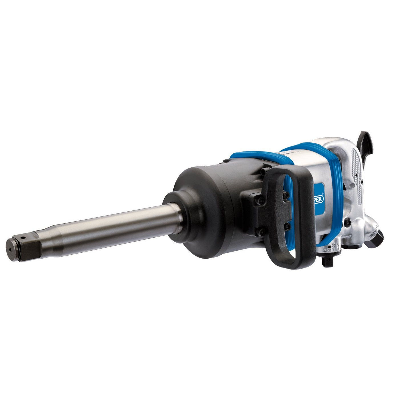 Image of the Draper Air Impact Wrench, 1" Sq. Dr. - DAT-AIW1 with a pinless hammer and long anvil attachment, featuring a blue handle and a metallic design suited for high volume repair work. The tool also boasts an ergonomic soft grip handle for user comfort.