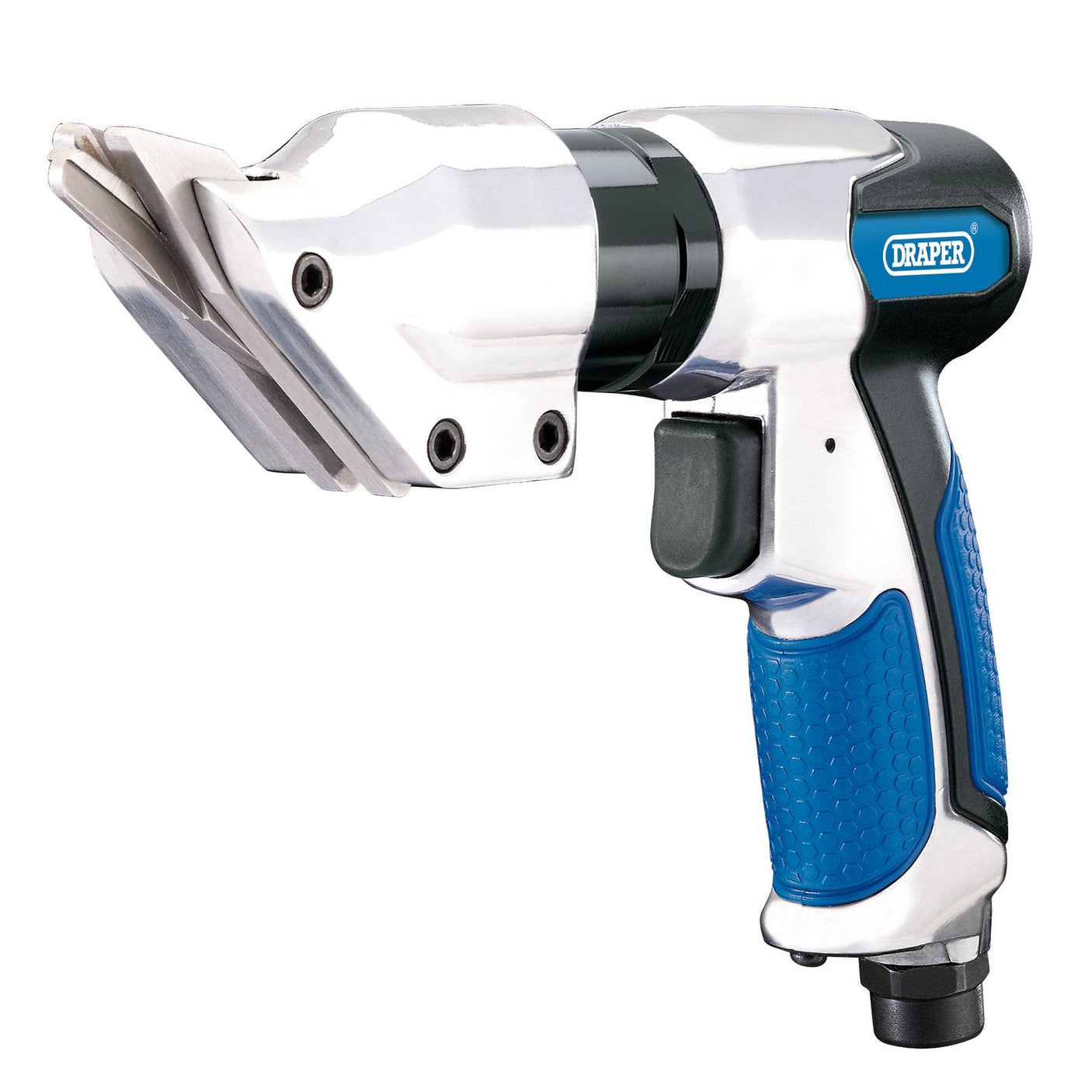 The Draper Air Shears - DAT-ASH, an electric metal shear tool with a blue handle and Draper branding, features an ergonomic design for comfort. Engineered to deliver distortion-free cuts, it's perfect for cutting metal sheets with precision.