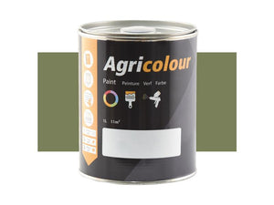 A 1-liter tin of Sparex Agricolour paint with an orange and black label sits against a solid green background. Ideal for metal surface preparation, this green gloss paint ensures a smooth application every time (Sparex Part Number: S.84261).