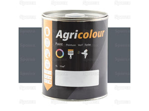 A 1-liter tin of Sparex's Agricolour Dark Grey Gloss Paint (Sparex Part Number: S.84426) is displayed. The tin's label features icons indicating its suitability for painting metal surfaces and includes the word "Paint" translated into multiple languages, highlighting its promise of a sleek, professional gloss finish.