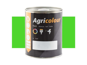 Tin of Sparex Agricolour green gloss paint with a capacity of 1 liter, labeled in multiple languages, placed against a matching green background.