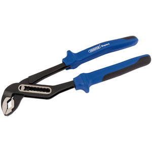 The Draper Heavy Duty Soft Grip Waterpump Pliers, 200mm - EWPH1, features a grooved joint, chrome vanadium steel construction, and soft grip rubber-coated handles.