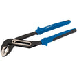 Introducing the Draper Expert Heavy Duty Soft Grip Waterpump Pliers, 250mm - EWPH1 by Draper. These pliers feature blue handles and a robust black metal jaw with grip notches, designed to securely grip and turn various objects. Constructed from durable chrome vanadium steel, they also include multi-position adjustments for enhanced versatility.