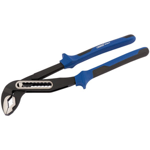 The Draper Heavy Duty Soft Grip Waterpump Pliers, 300mm - EWPH1 are blue-handled, adjustable groove joint pliers designed for gripping and turning pipes or other objects. Featuring multi-position adjustments and soft grip handles, these durable tools from Draper are crafted from chrome vanadium steel.