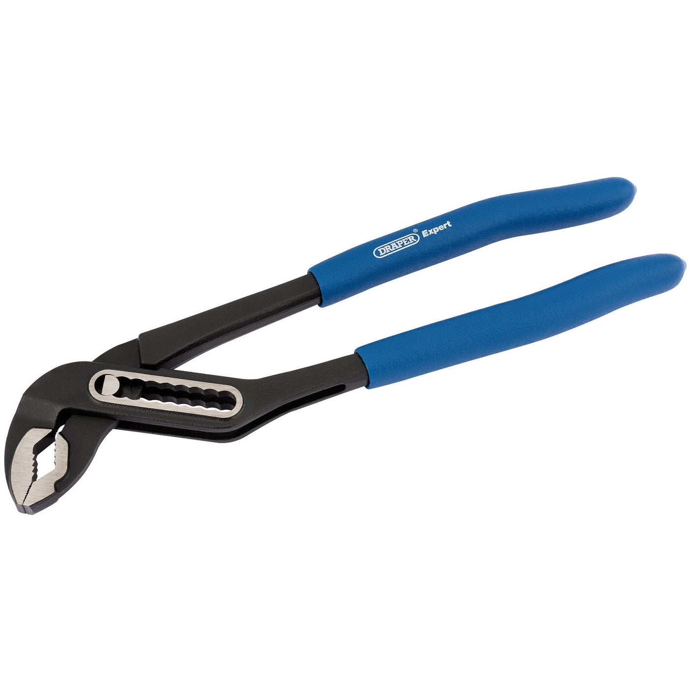 Draper Heavy Duty Waterpump Pliers, 200mm - EWPD1, feature a blue PVC-dipped handle with "EXPERT" printed on them. Crafted from chrome vanadium steel, these pliers offer multi-position adjustments and gripping jaws designed for various sizes of objects.