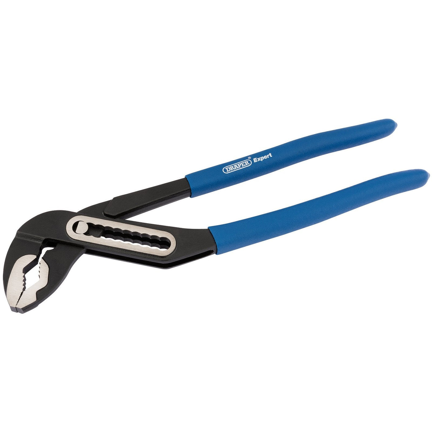 The Draper Heavy Duty Waterpump Pliers, 250mm - EWPD1 feature durable chrome vanadium steel construction and blue PVC dipped handles. The open jaw is equipped with serrated teeth for enhanced gripping, while the tool provides multi-position adjustments through a sliding mechanism to accommodate various sizes.