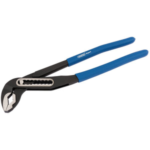 The Draper Heavy Duty Waterpump Pliers, 300mm - EWPD1, made by Draper, feature blue handles and are crafted from durable chrome vanadium steel. Designed for gripping and turning pipes and other objects, these water pump pliers offer multi-position adjustments for versatility and have PVC-dipped handles to ensure a comfortable grip.