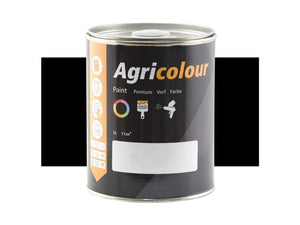 A can of Agricolour paint by Sparex, featuring black packaging with icons for usage and capacity details. This 1-liter tin of grey gloss paint, suitable for metal surfaces, has a white label space at the bottom. The product's Sparex part number is S.84466.