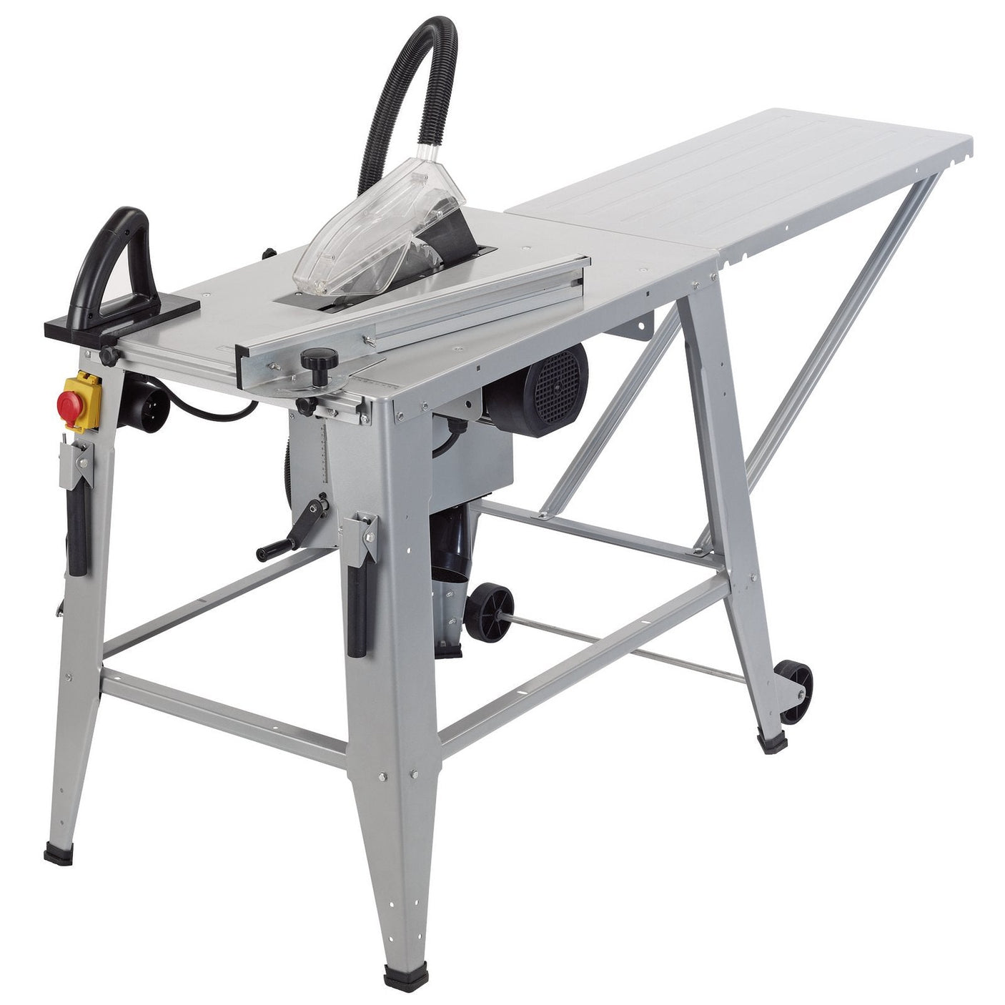 Introducing the Draper Contractor's Saw, 315mm, 2000W - CTS315A. This high-performance table saw from Draper features a protective blade guard, an emergency stop button, and an extended cutting surface supported by a durable metal frame. It is ideal for workshop use and comes with a large extension table to achieve maximum depth of cut.