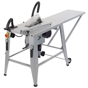 Introducing the Draper Contractor's Saw, 315mm, 2000W - CTS315A. This high-performance table saw from Draper features a protective blade guard, an emergency stop button, and an extended cutting surface supported by a durable metal frame. It is ideal for workshop use and comes with a large extension table to achieve maximum depth of cut.