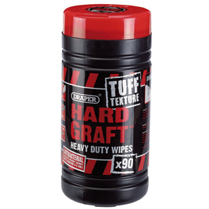 A container of Draper Hard Graft Tuff Texture Heavy Duty Wipes (Tub Of 90) - HGW-HD90, featuring a red and black design, labeled as antibacterial and containing 90 industrial-strength cleaning wipes with dual-sided fabric suitable for all trades.