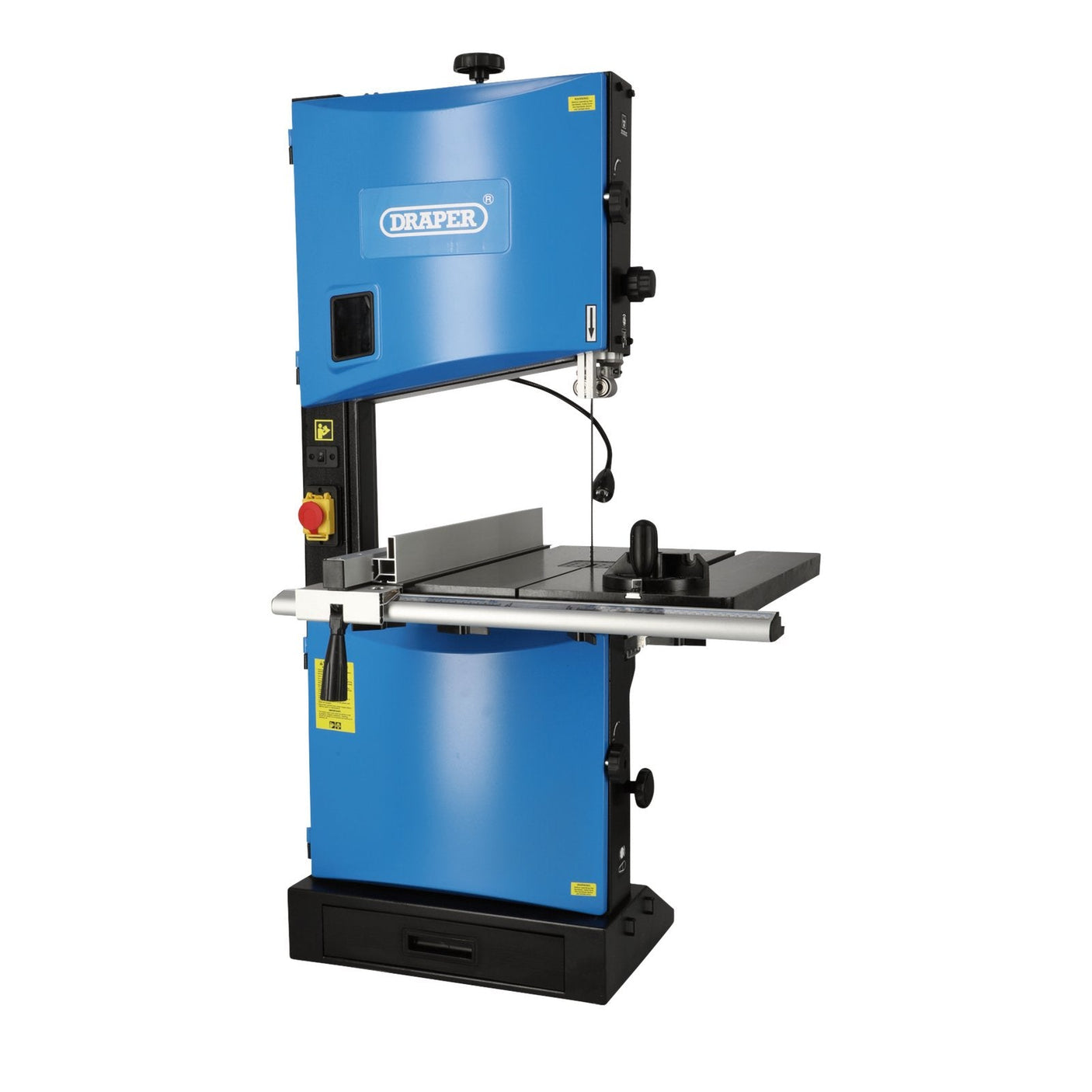 The Draper Bandsaw, 340mm, 1100W - BS340/1100D is an ideal choice for trade professionals, featuring a versatile cutting table suitable for both metal and wood. Its blue finish is complemented by adjustment knobs and a conveniently located on/off switch on the left side for ease of use.